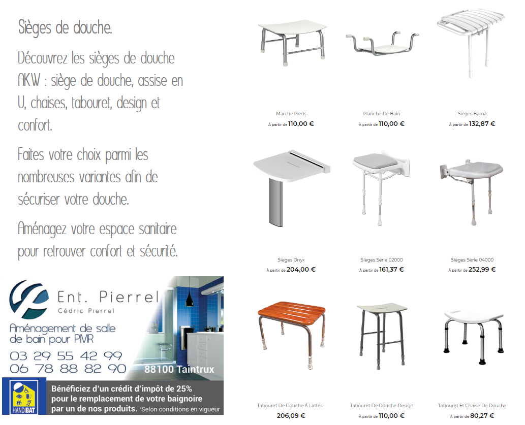 Sièges de Douche - Entreprise Pierrel - 88100 Taintrux. Tél 06.86.61.94.65.